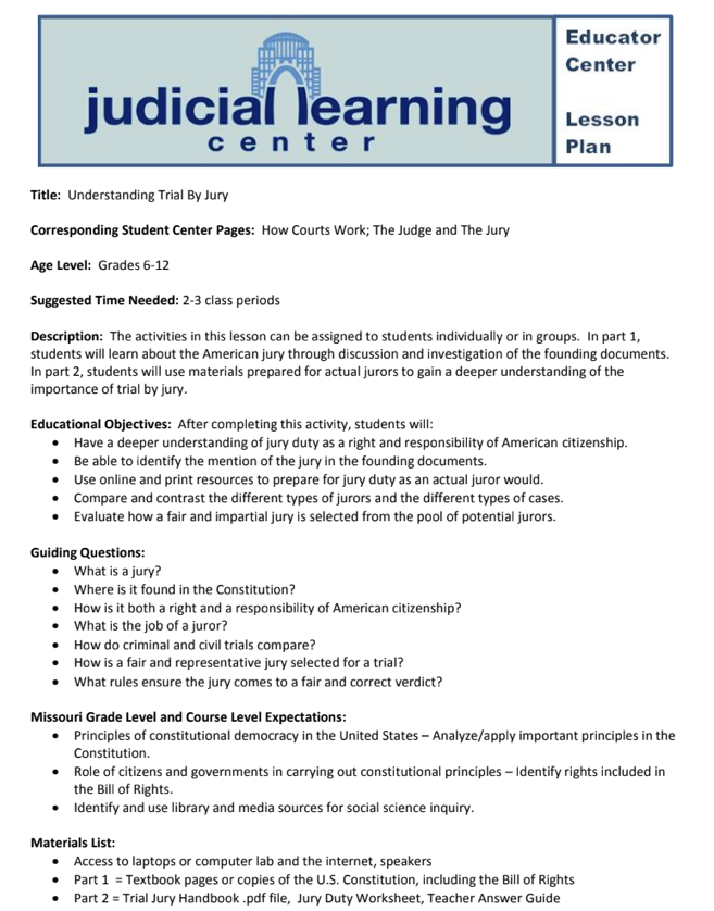 The Judge and the Jury: Trial by Jury Lesson Plan