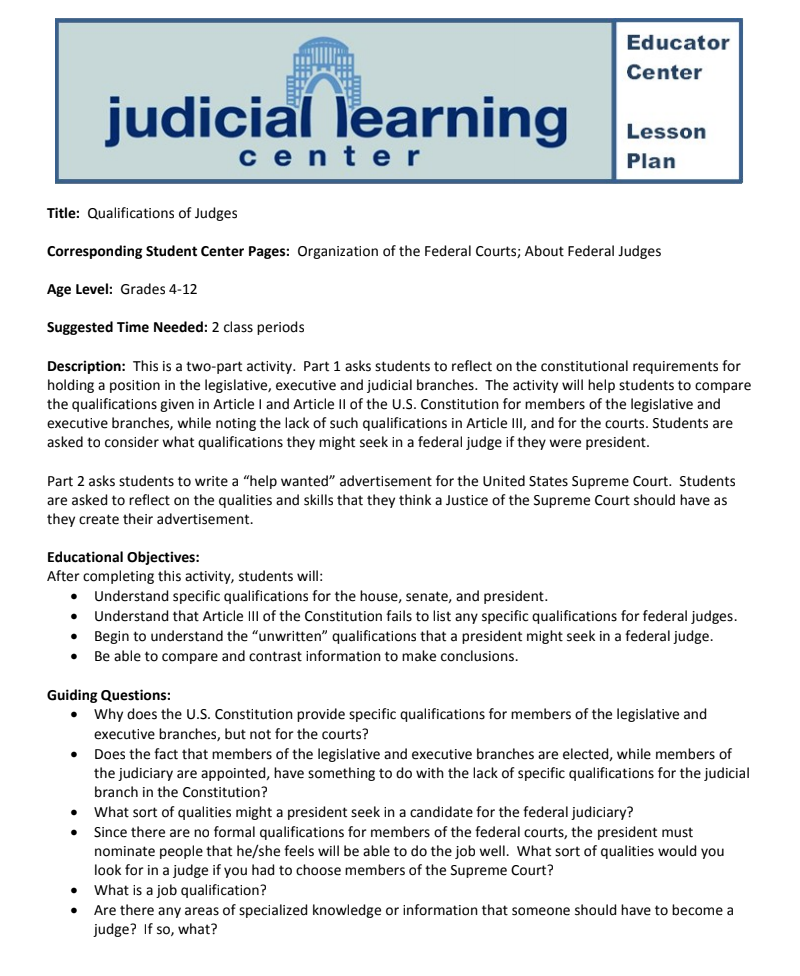 About Federal Judges: Qualifications of Judges Lesson Plan