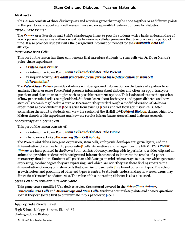 Classroom Activities: Stem Cells and Diabetes Activity