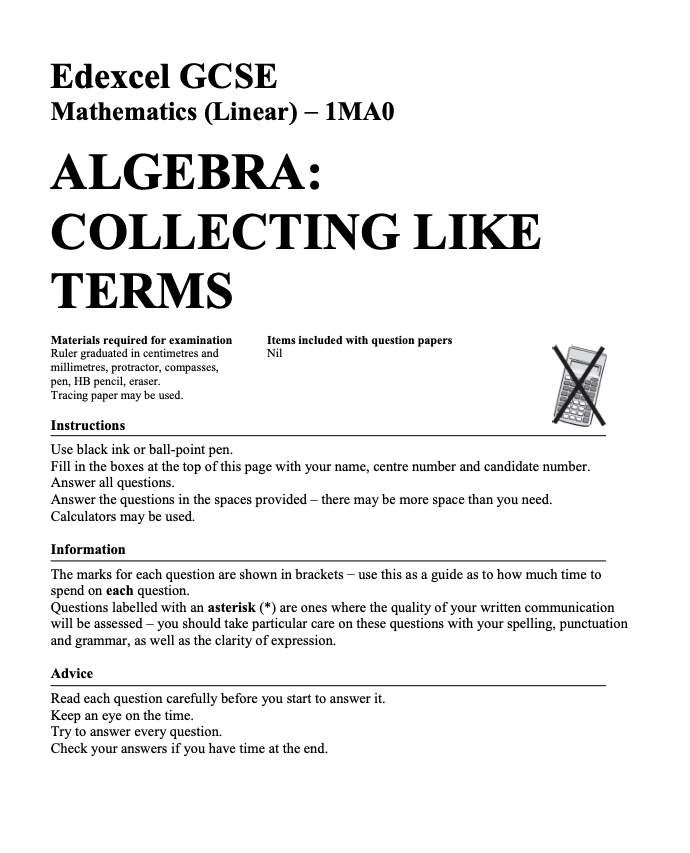 Collecting Like Terms Assessment