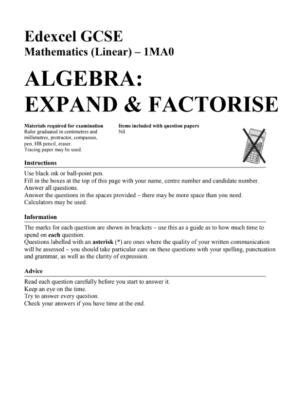Expand and Factorise Assessment