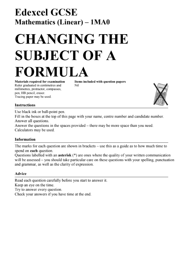 Changing the Subject of a Formula Assessment