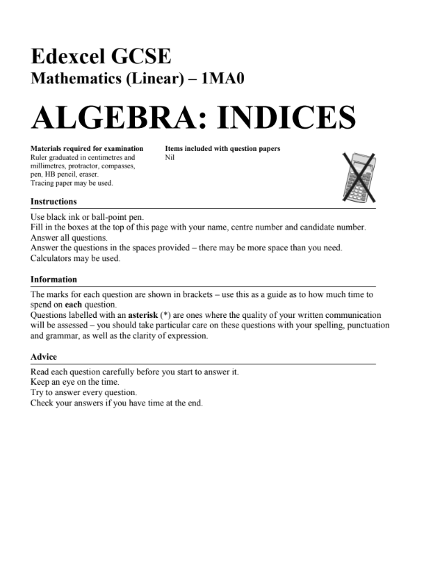 Algebra: Indices Assessment