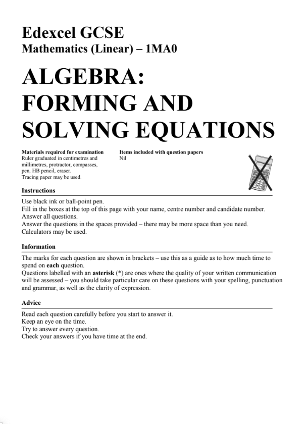 Forming and Solving Equations Assessment