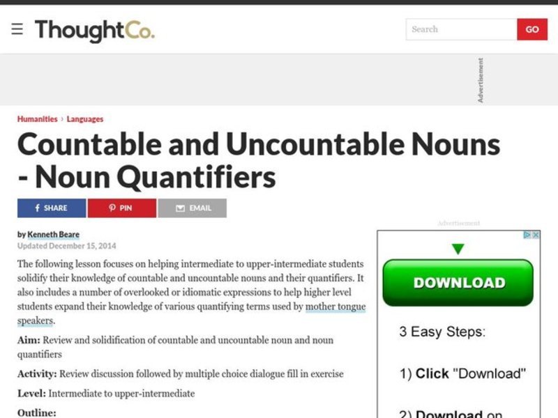 Countable and Uncountable Nouns - Noun Quantifiers Lesson Plan