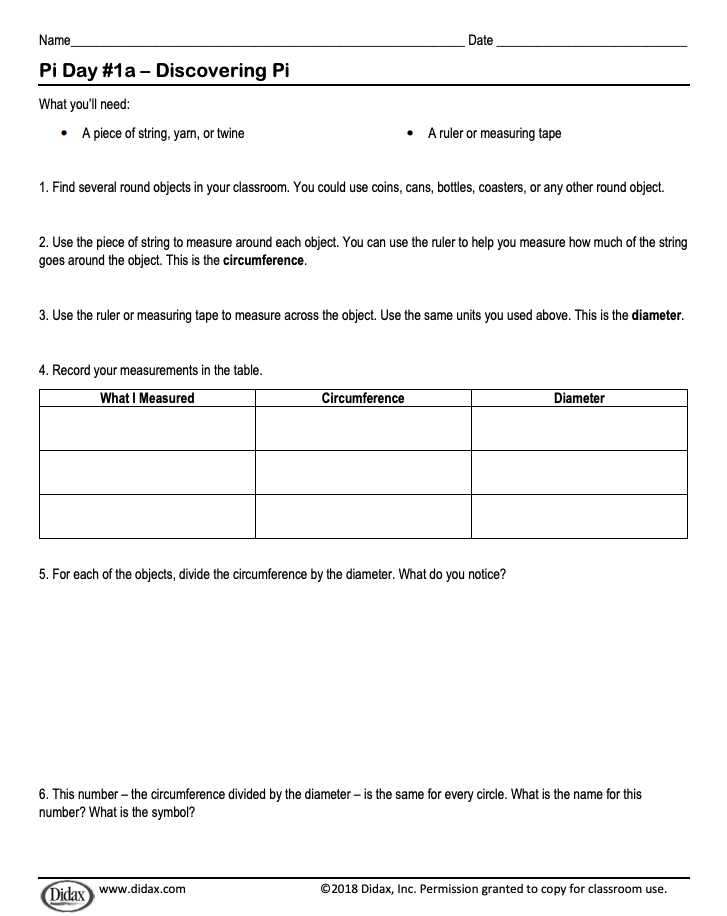 Pi Day #1a – Discovering Pi Activity