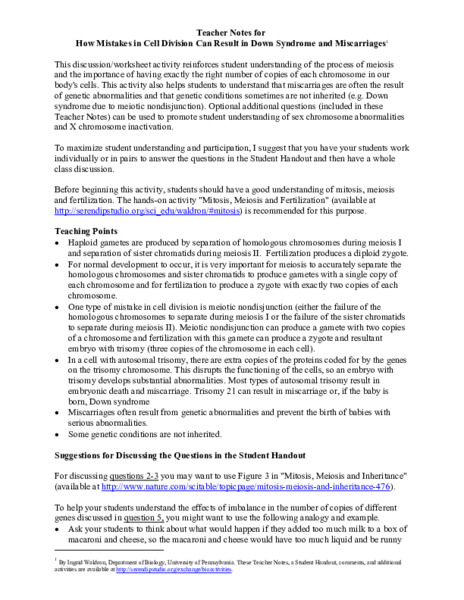 How Mistakes in Cell Division Can Result in down Syndrome and Miscarriages Activity