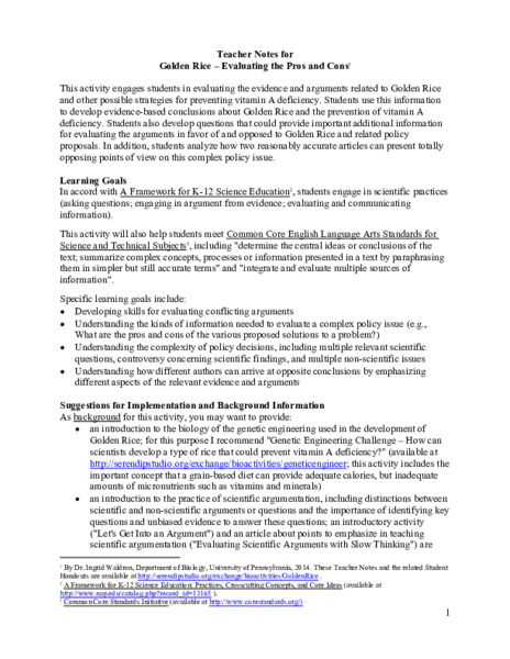 Golden Rice – Evaluating the Pros and Cons Lesson Plan