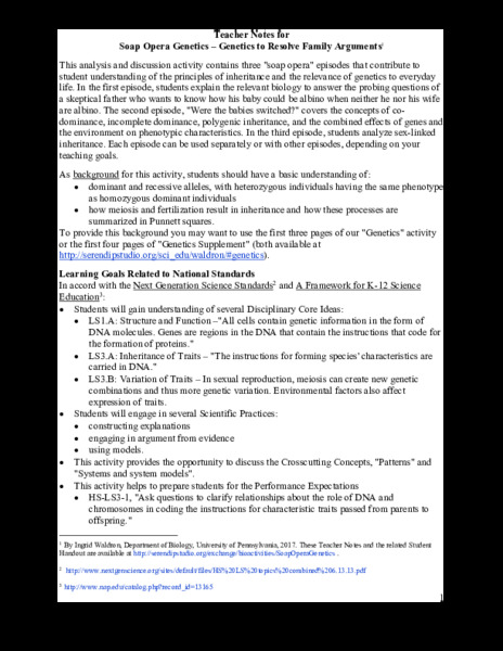 Soap Opera Genetics – Genetics to Resolve Family Arguments Lesson Plan
