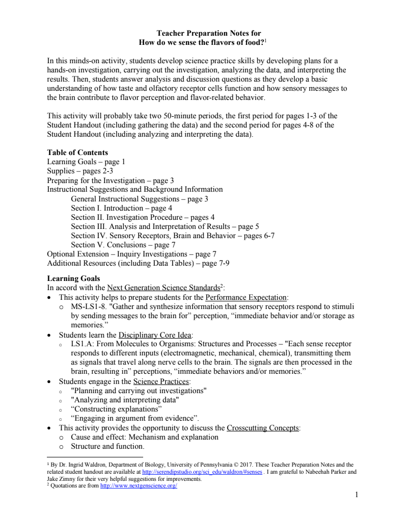 How Do We Sense the Flavors of Food? Lesson Plan