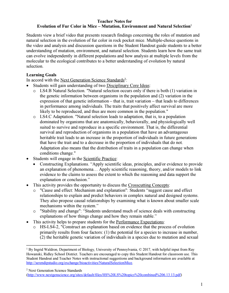 Evolution of Fur Color in Mice – Mutation, Environment and Natural Selection Lesson Plan