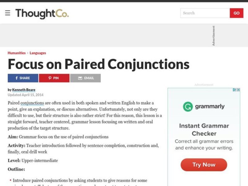 Grammar Lesson Plan Focus on Paired Conjunctions Lesson Plan