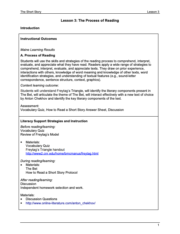 The Process of Reading vocabulary, literary elements Lesson Plan