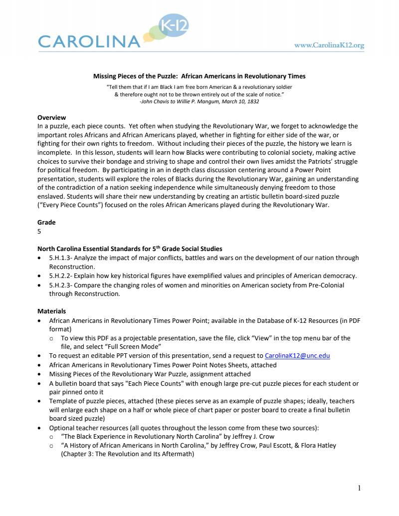 Missing Pieces of the Puzzle: African Americans in Revolutionary Times Lesson Plan