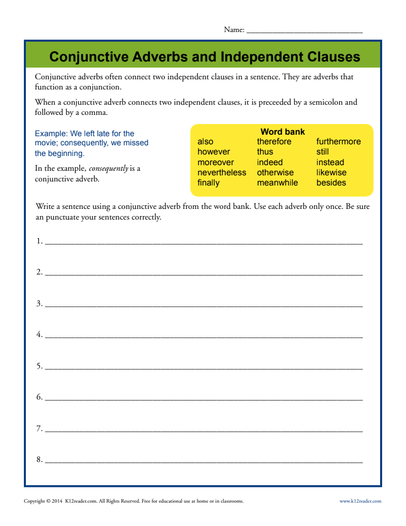 Conjunctive Adverbs and Independent Clauses Worksheet