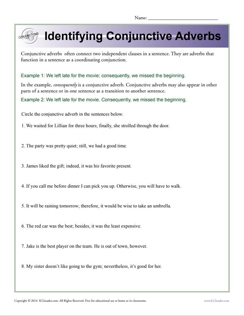 Identifying Conjunctive Adverbs Worksheet
