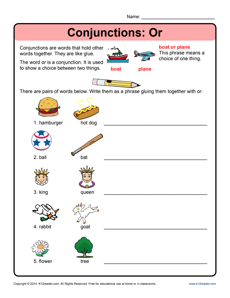 Conjunctions: Or Worksheet