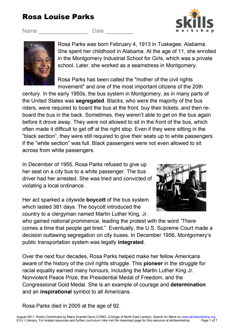 Rosa Louise Parks Worksheet
