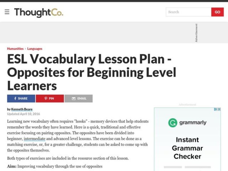 ESL Vocabulary Lesson Plan - Opposites for Beginners Lesson Plan