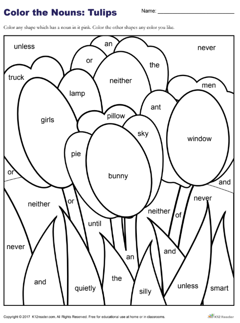 Color the Nouns: Tulips Worksheet