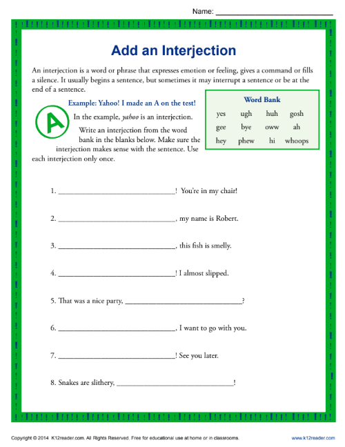 Add an Interjection Worksheet