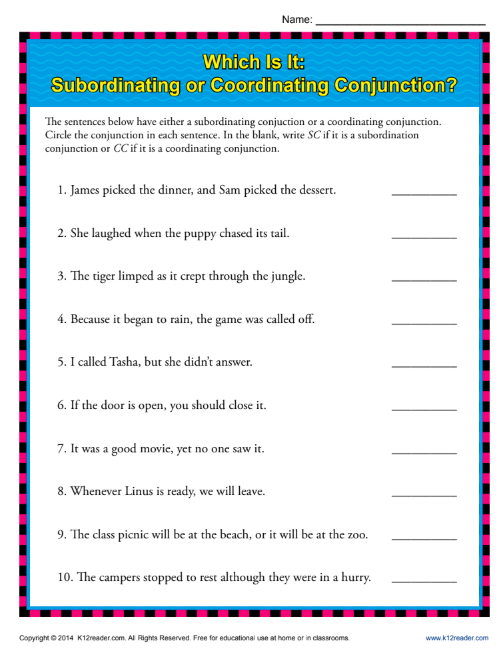 Which Is It: Subordinating or Coordinating Conjunction? Worksheet