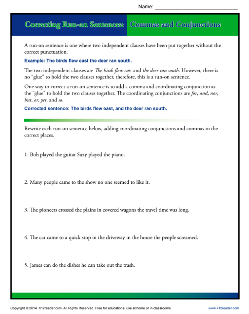 Correcting Run-On Sentences: Commas and Conjunctions Worksheet