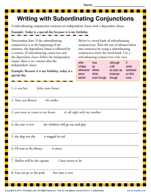 Writing with Subordinating Conjunctions Worksheet