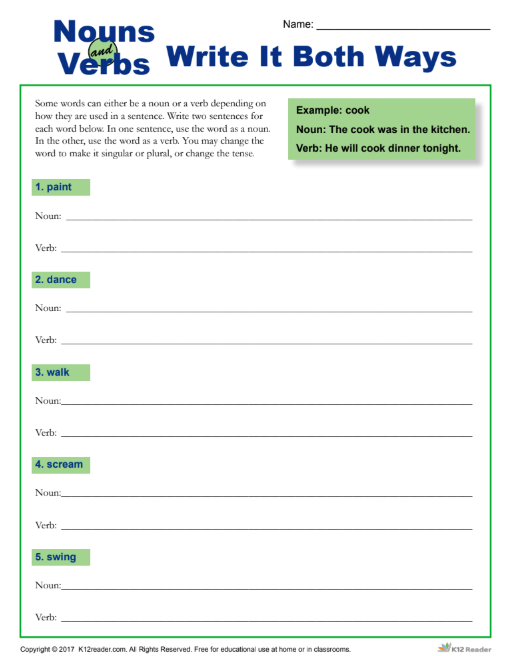 Nouns Verbs: Write it Both Ways Worksheet