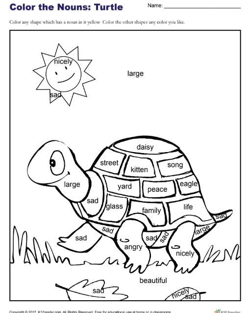 Color the Nouns: Turtle Worksheet