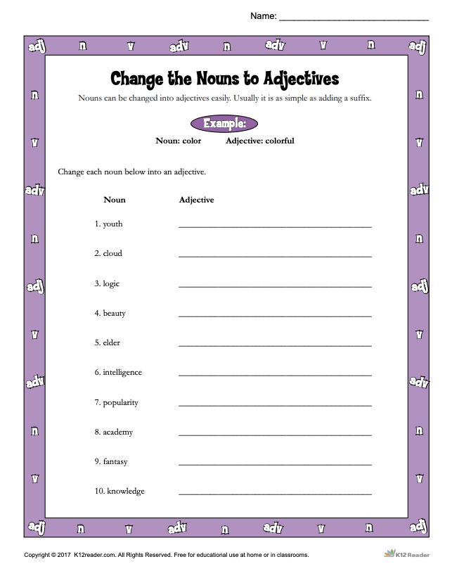 Change the Nouns to Adjectives Worksheet