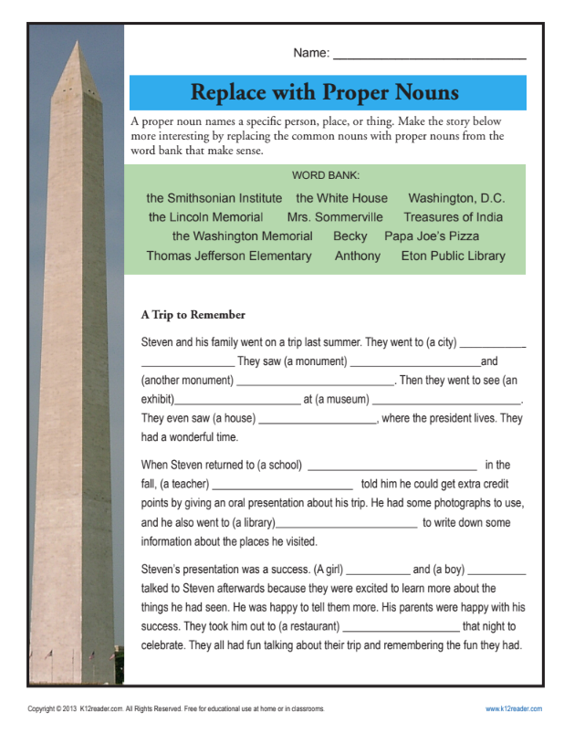 Replace with Proper Nouns Worksheet