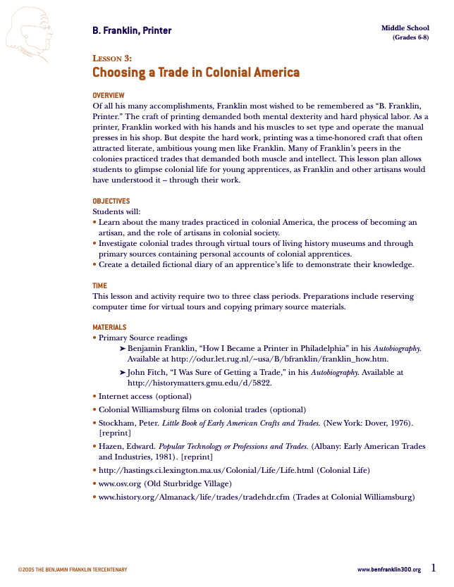Choosing a Trade in Colonial America Lesson Plan