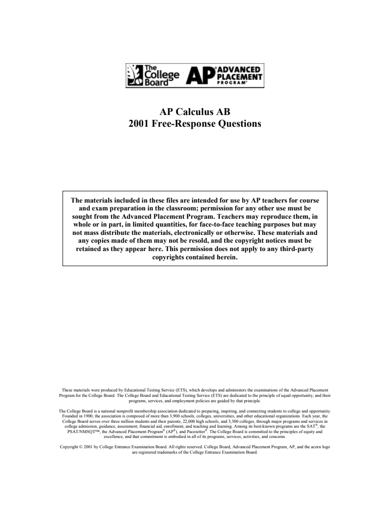 2001 AP® Calculus AB Free-Response Questions AP Test Prep