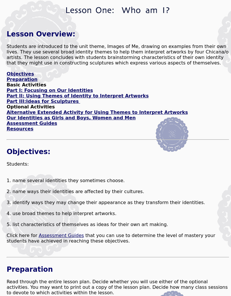 Lesson One: Who Am I? Lesson Plan