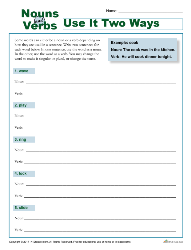 Nouns Verbs: Use It Two Ways Worksheet