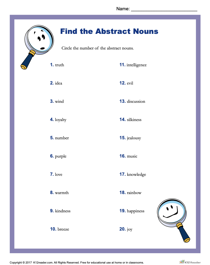 Find the Abstract Nouns Worksheet