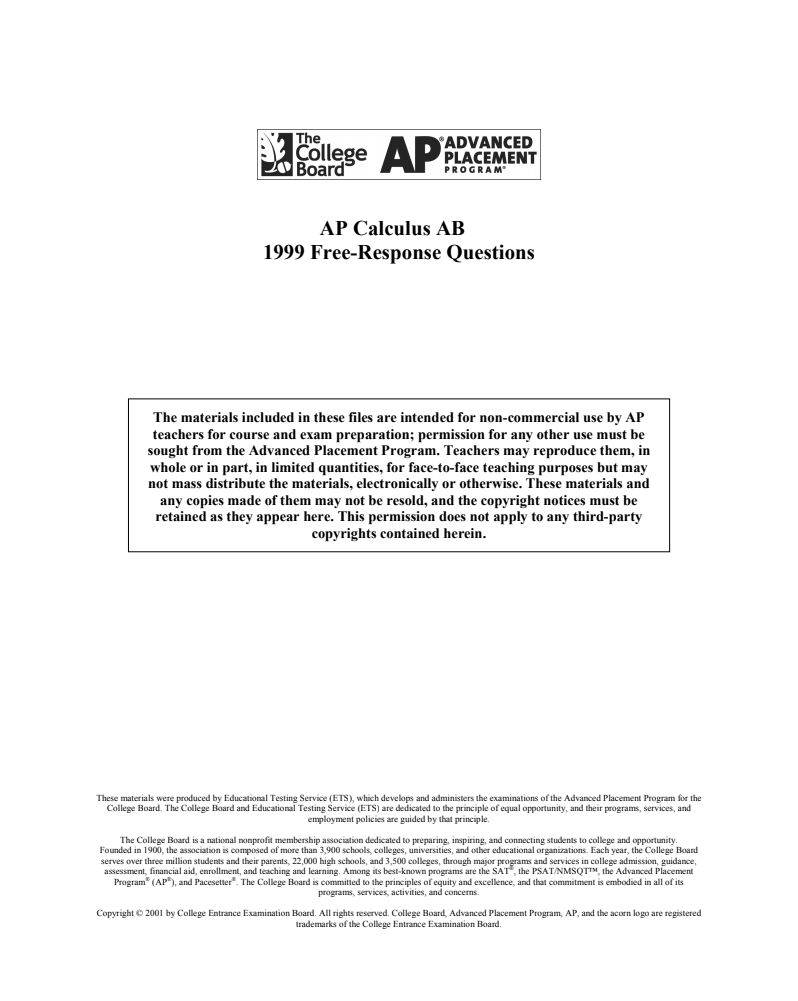1999 AP® Calculus AB Free-Response Questions AP Test Prep