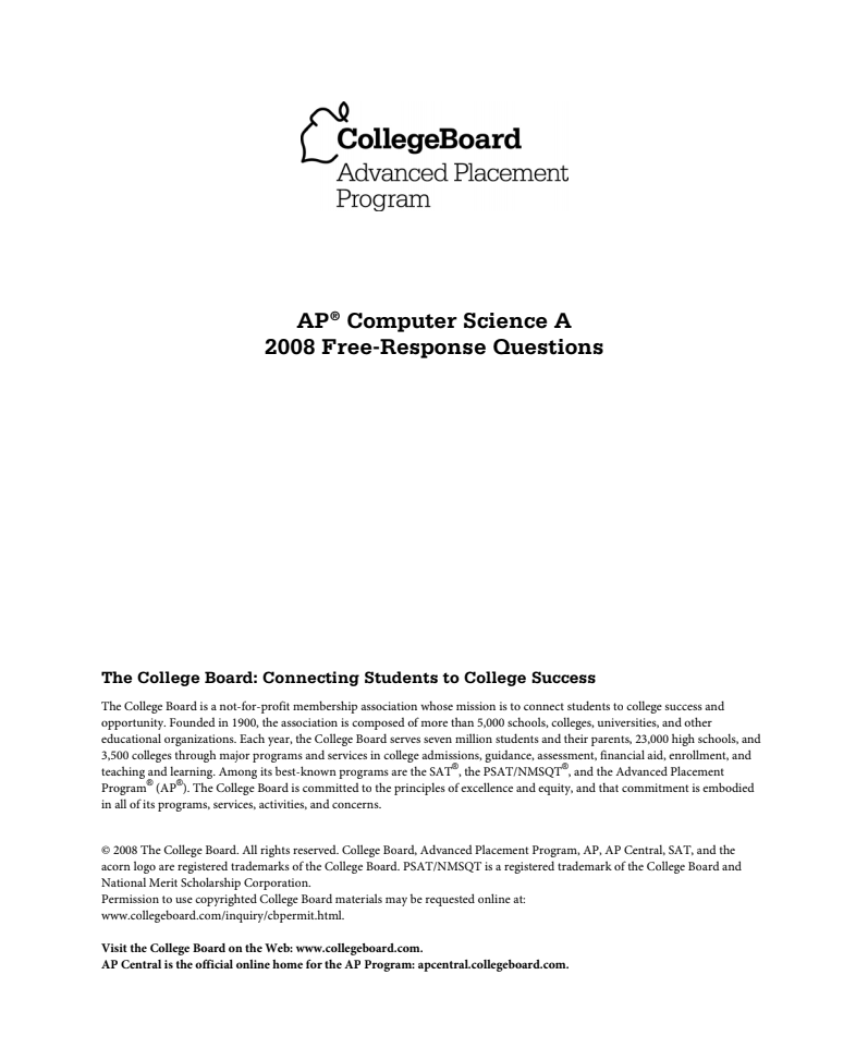 2008 AP® Computer Science A Free-Response Questions AP Test Prep