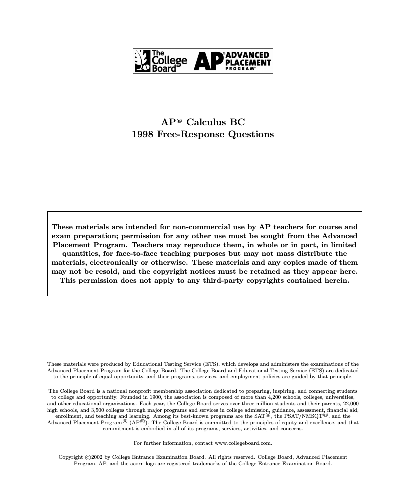 1998 AP® Calculus BC Free-Response Questions AP Test Prep