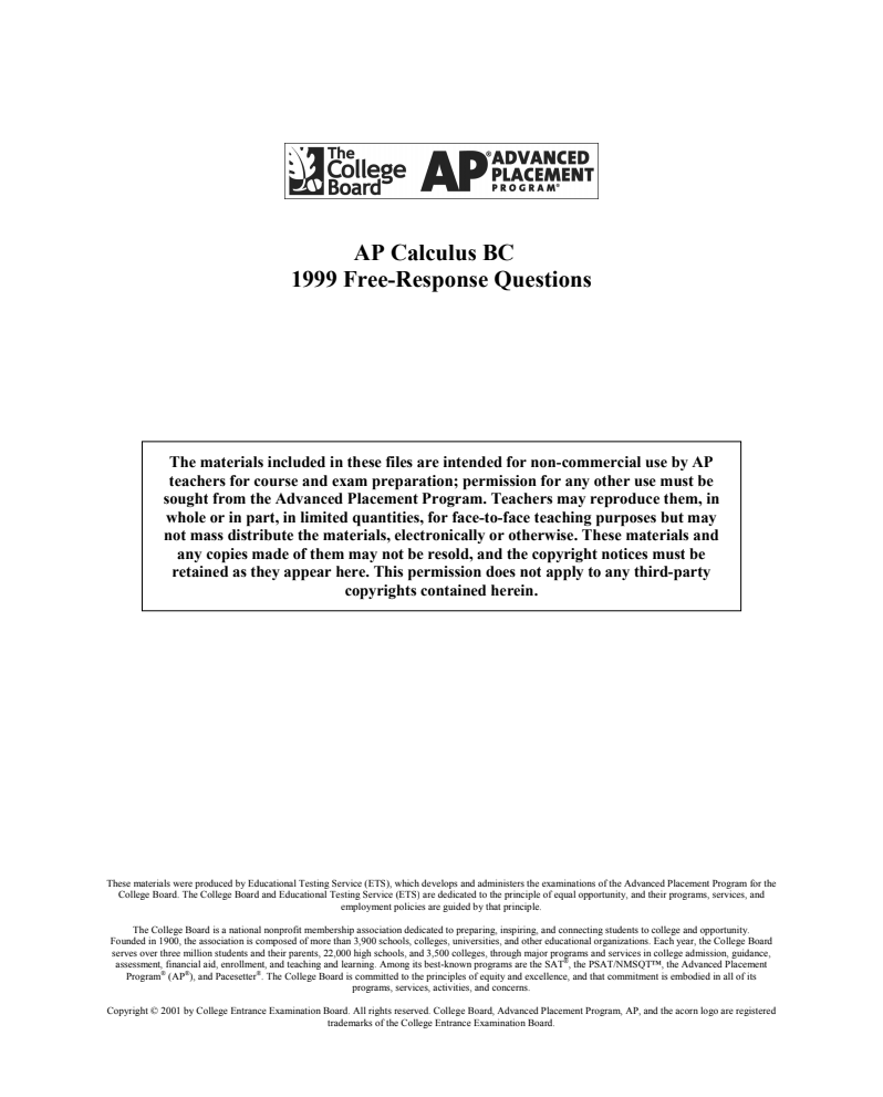 1999 AP® Calculus BC Free-Response Questions AP Test Prep