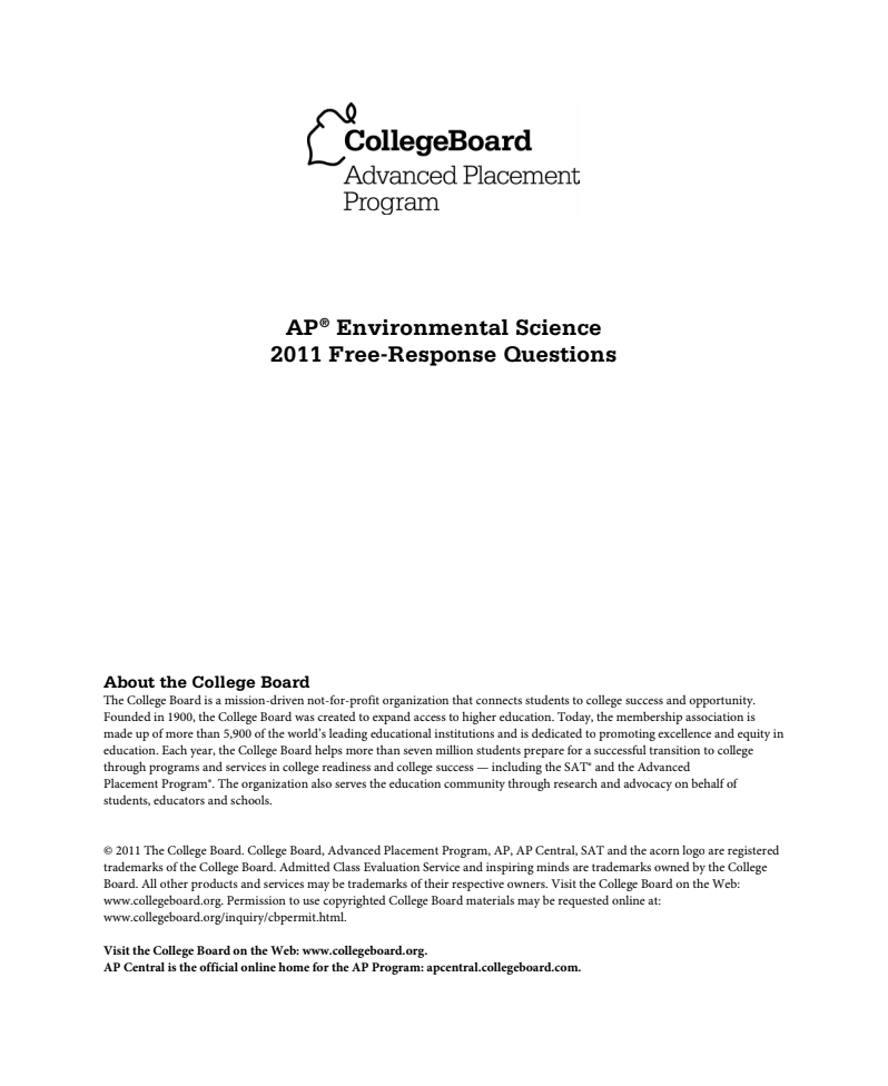 2011 AP® Environmental Science Free-Response Questions AP Test Prep