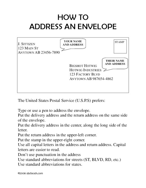 How to Address an Envelope Worksheet