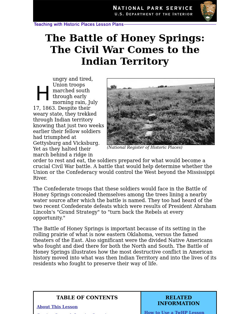 The Battle of Honey Springs: The Civil War Comes to the Indian Territory (68) Lesson Plan
