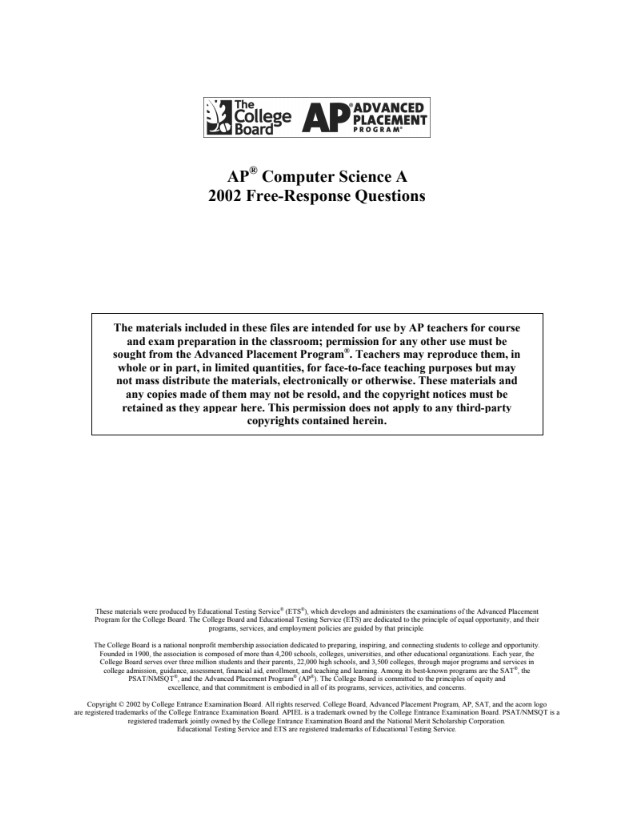 2002 AP® Computer Science A Free-Response Questions AP Test Prep