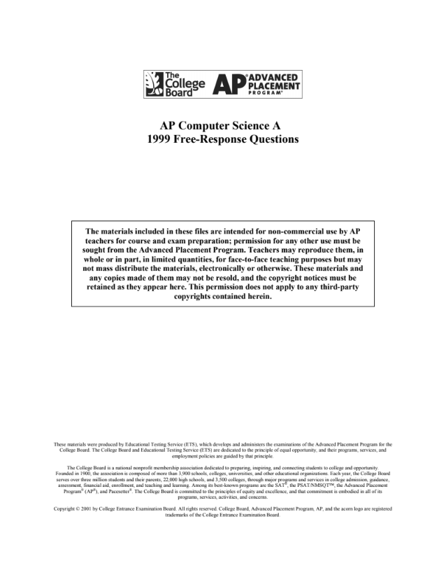 1999 AP® Computer Science A Free-Response Questions AP Test Prep