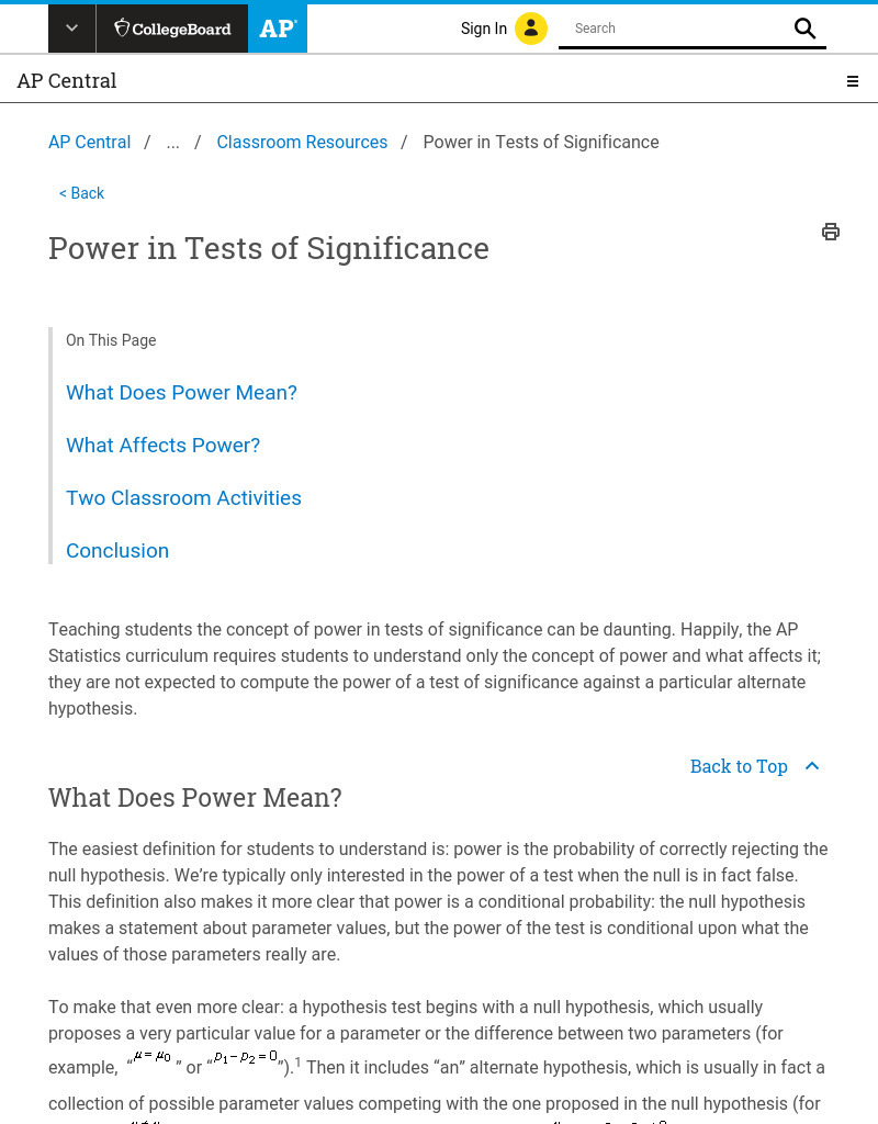 Power in Tests of Significance AP Test Prep