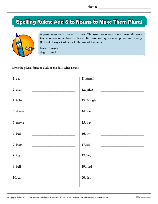 Spelling Rules: Add S to Nouns to Make Them Plural Worksheet