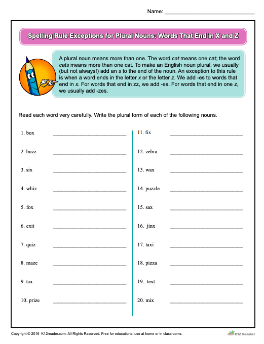 Spelling Rule Exceptions for Plural Nouns: Words That End in X and Z Worksheet