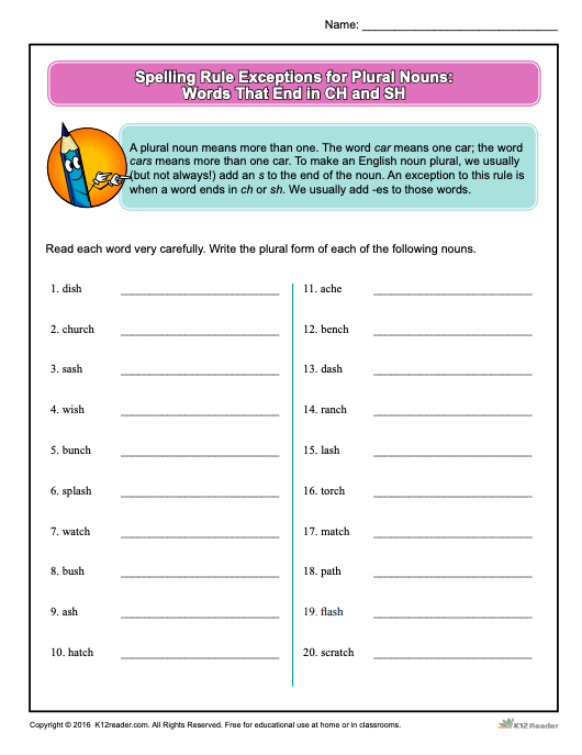 Spelling Rule Exceptions for Plural Nouns: Words That End in CH and SH Worksheet